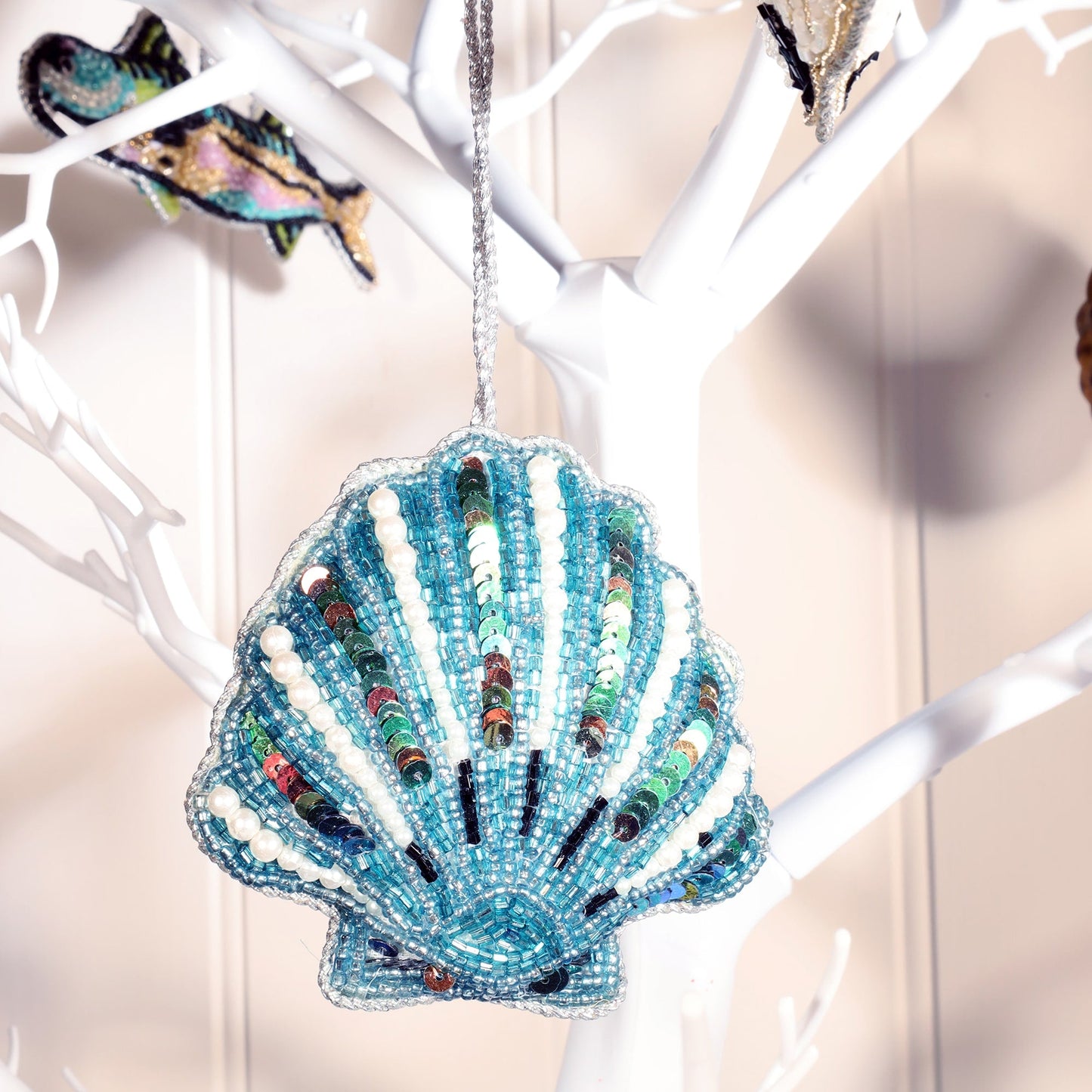 Beaded Aqua Scallop Shell Hanging Decoration