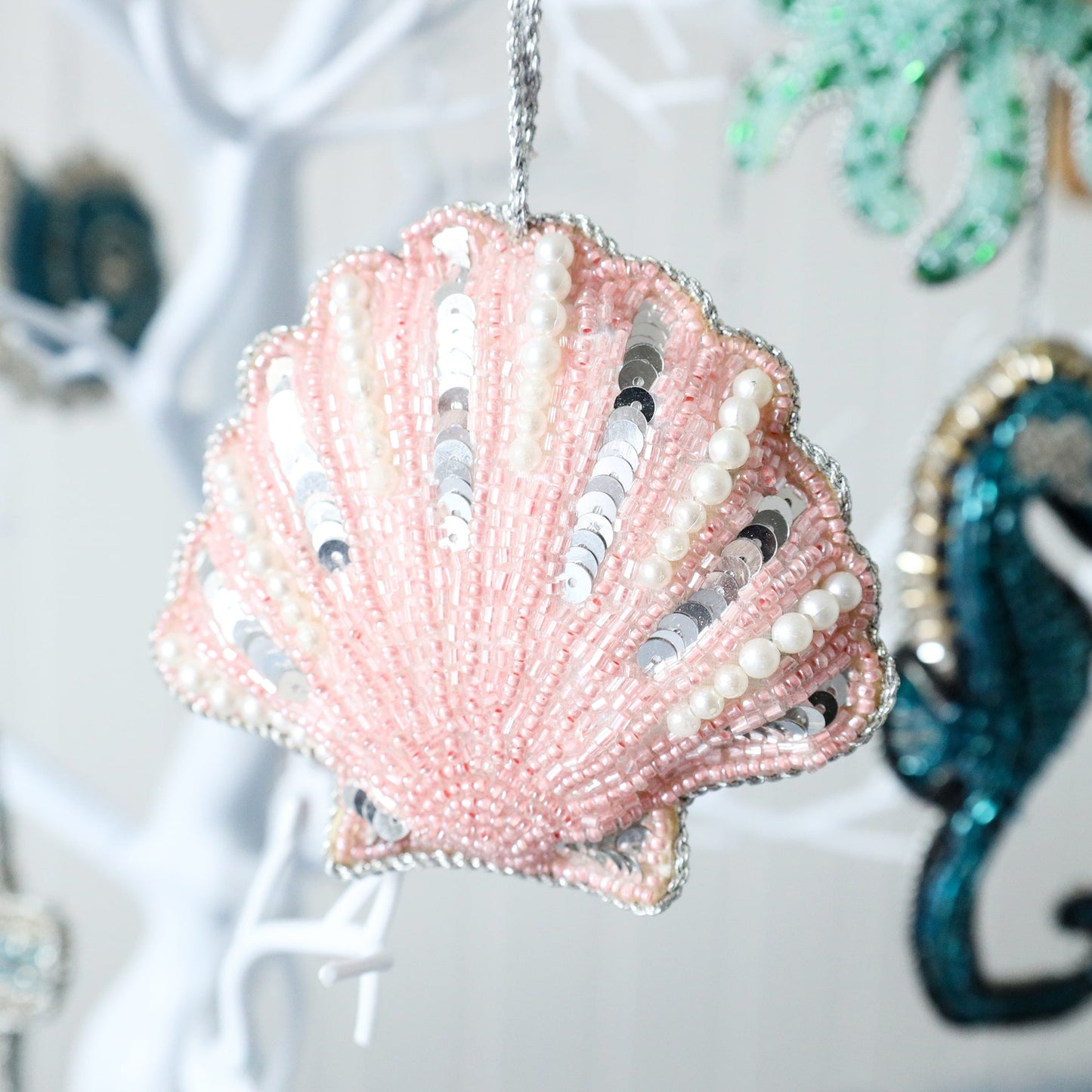 Beaded Pink Scallop Shell Hanging Decoration