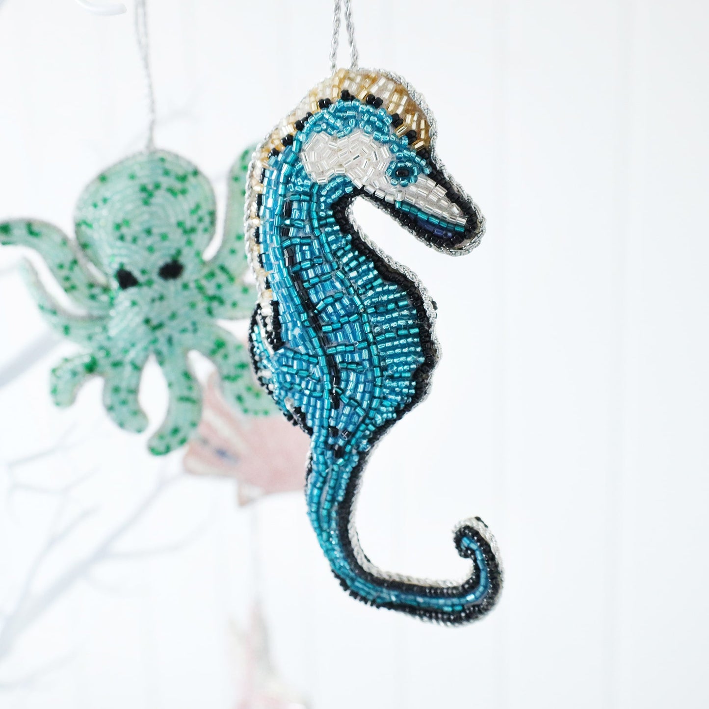 Beaded Blue Seahorse Hanging Decoration