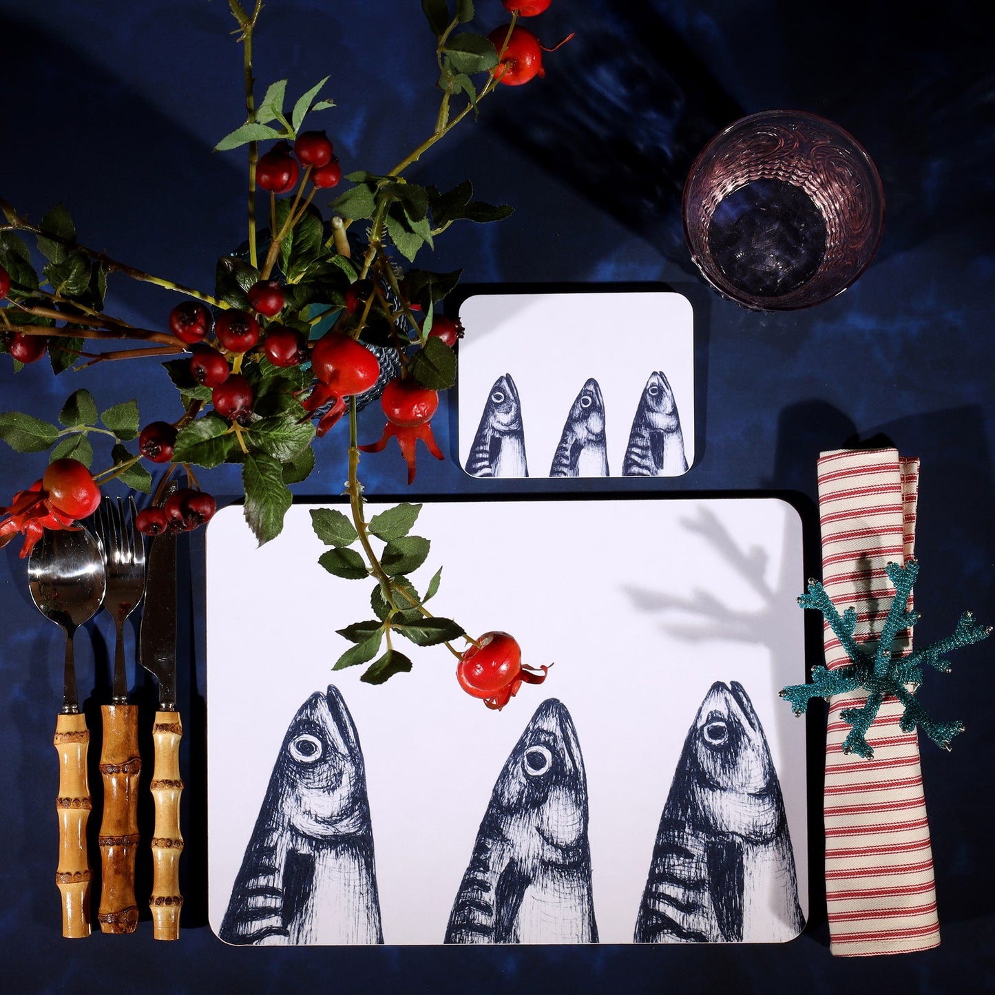 Blue And White Mackerel Heads Design Coaster