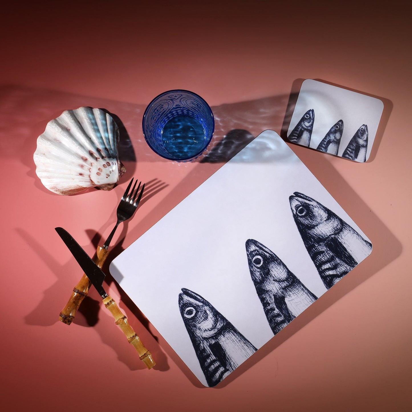 Blue And White Mackerel Heads Design Coaster