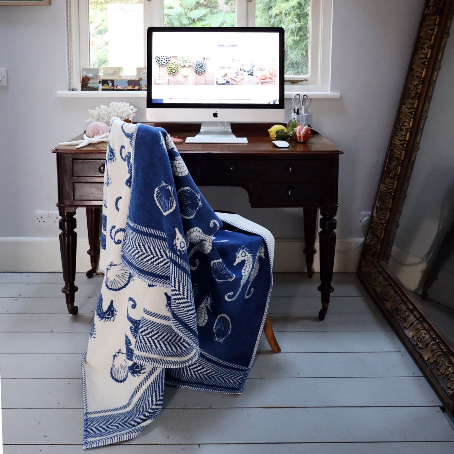 Deep Blue & Ecru Reversible Seahorse Throw