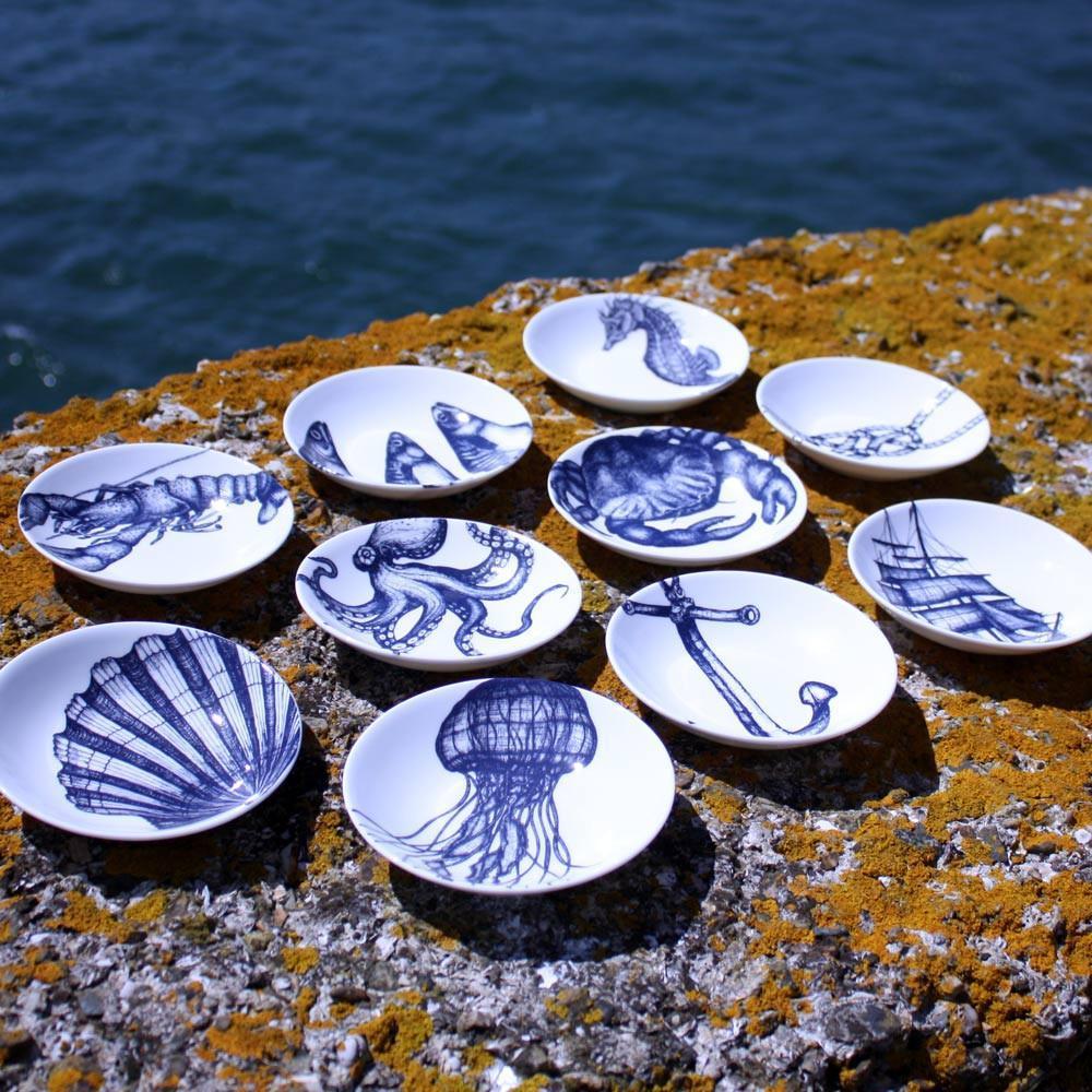 Blue And White Bone China Nibbles Dish With Octopus Design