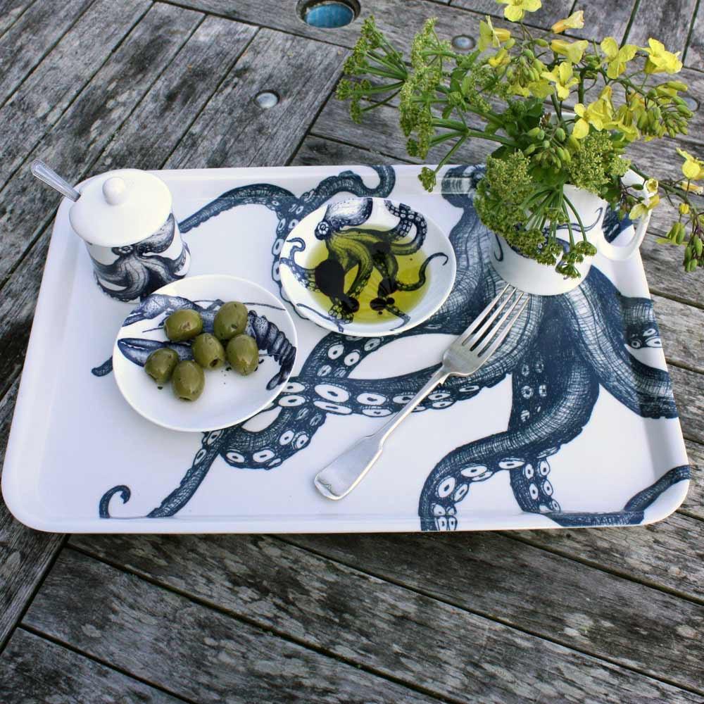 Blue And White Bone China Nibbles Dish With Octopus Design