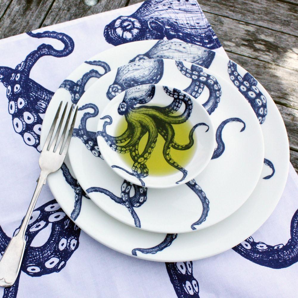 Blue And White Bone China Nibbles Dish With Octopus Design