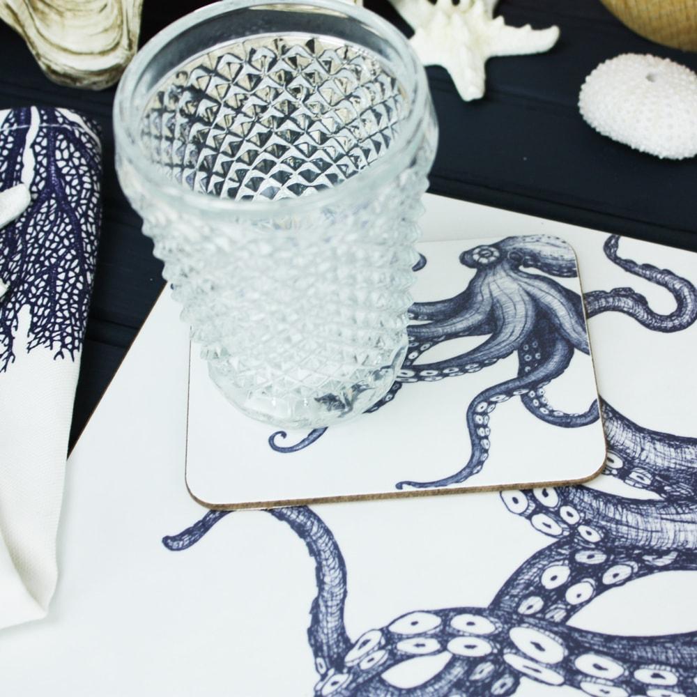 Blue And White Octopus Design Coaster